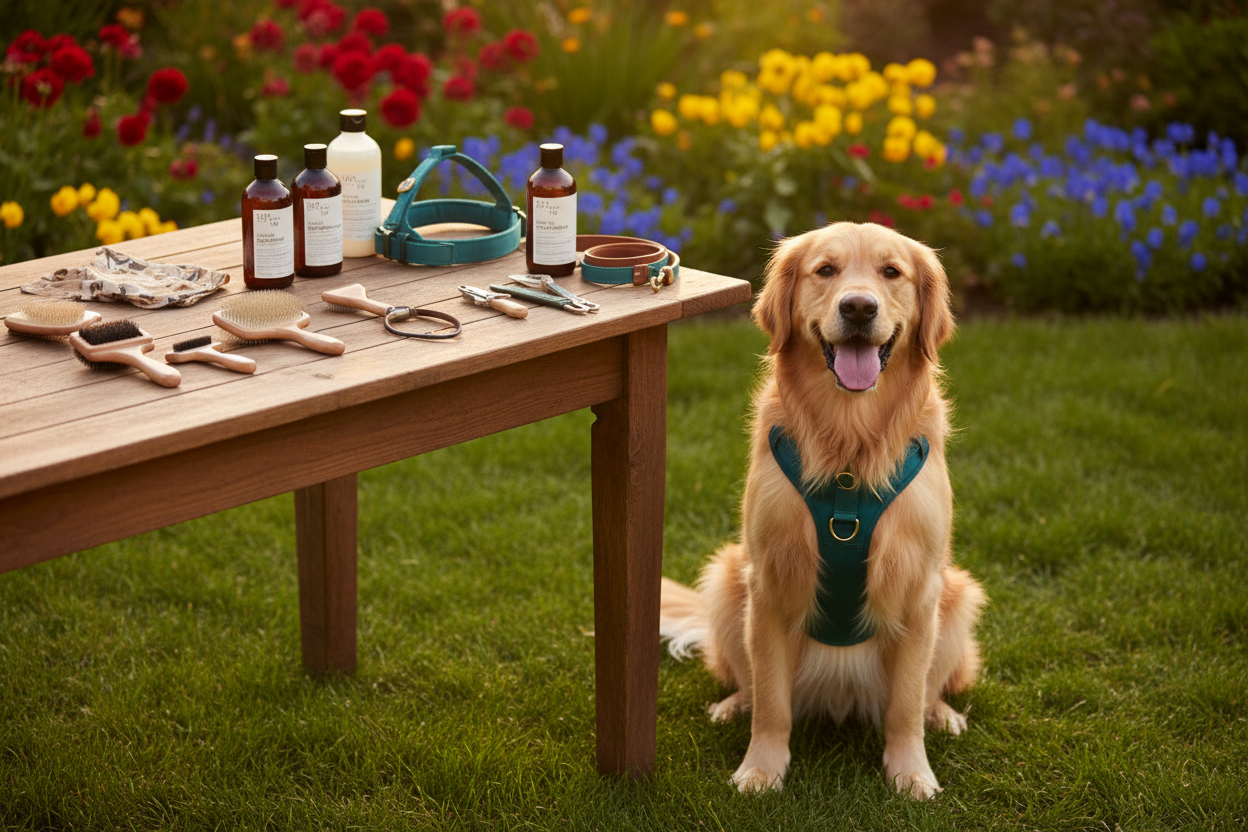 Golden Retriever wearing a teal no-pull dog harness sitting on grass beside a wooden table with dog grooming tools and accessories — Furry Heart Paws