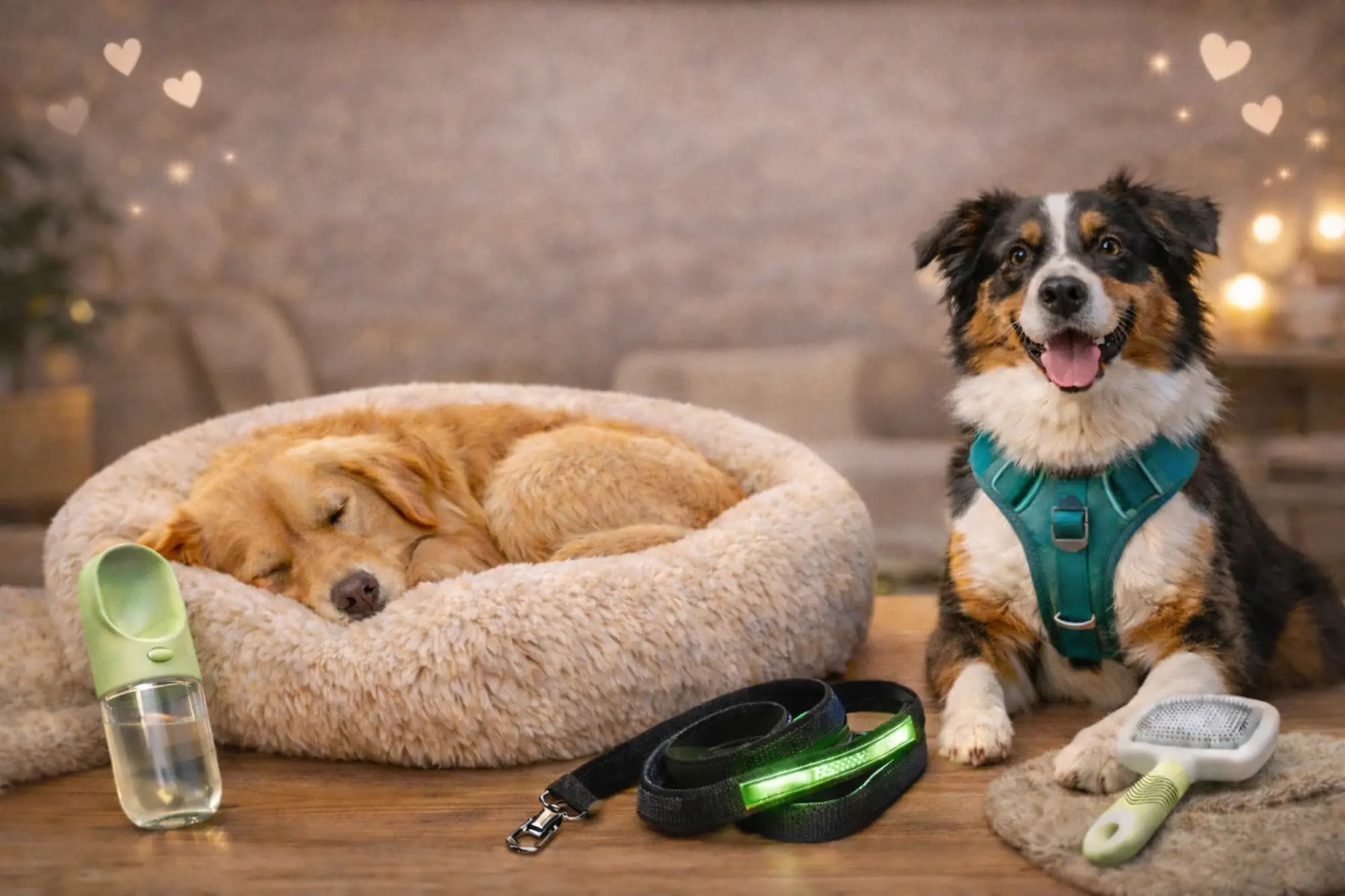 Two dogs, a Golden Retriever resting on a fluffy calming bed and the other sitting, with a FurryHeartPaws no-pull dog harness, a LED leash, grooming brush and portable water bottle pet essentials Australia on a wooden floor.