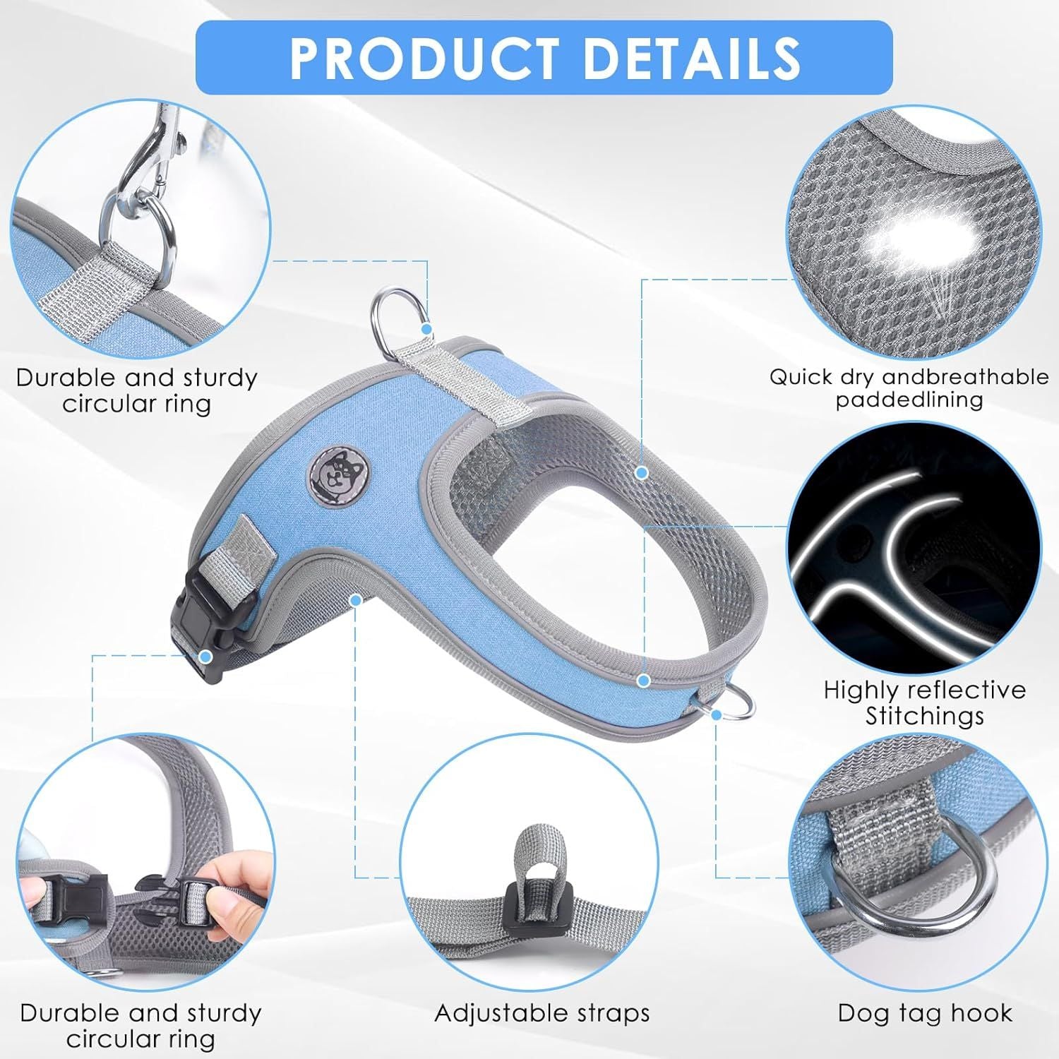 Dog Harness and Leash, No Pull Saddle Style Pet Harness, Breathable Mesh Adjustable Reflective Dog Vest, Dog Leash, for Dogs and Cat Medium Small Harness Blue,XS
