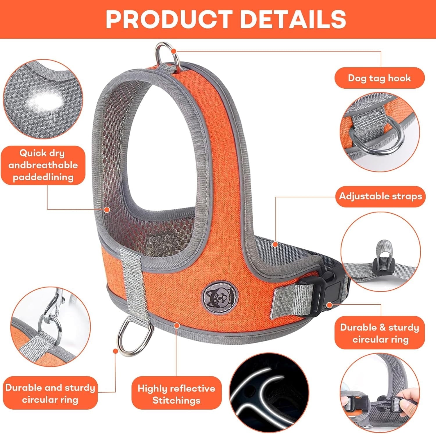 Dog Harness and Leash, No Pull Saddle Style Pet Harness, Breathable Mesh Adjustable Reflective Dog Vest, Dog Leash, for Dogs and Cat Medium Small Harness Orange,S