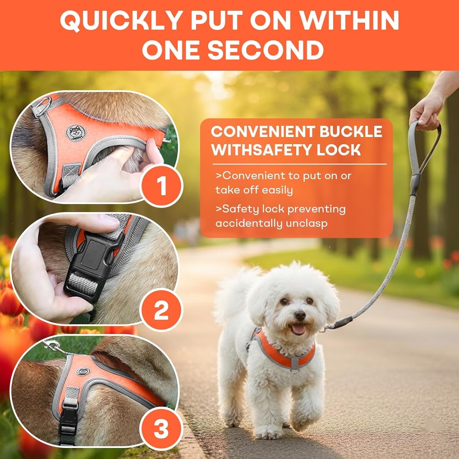 Dog Harness and Leash, No Pull Saddle Style Pet Harness, Breathable Mesh Adjustable Reflective Dog Vest, Dog Leash, for Dogs and Cat Medium Small Harness Orange,S