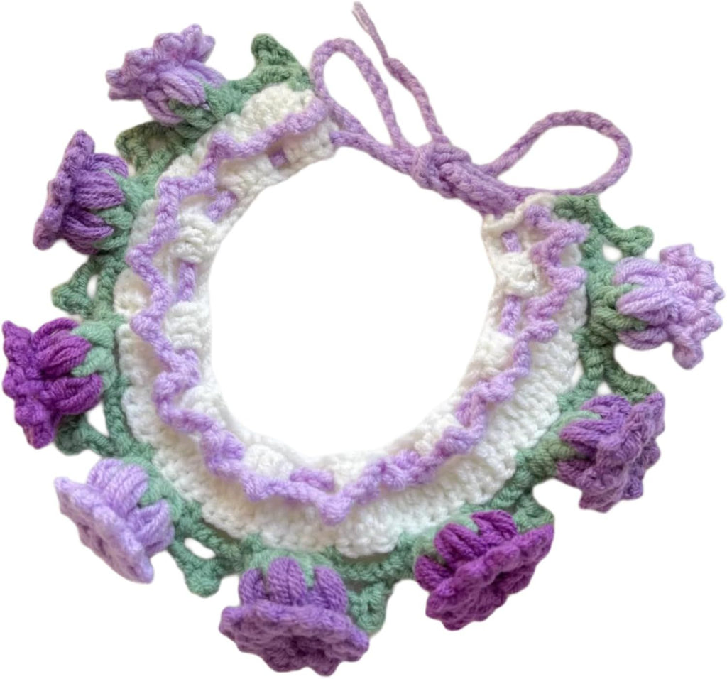 Cat Dog Bandana, Cute Handmade Knitted Yarn Flowers Pet Collar Neck Warmer for Small Medium Dog, Puppy Photo Accessories (Purple,M)