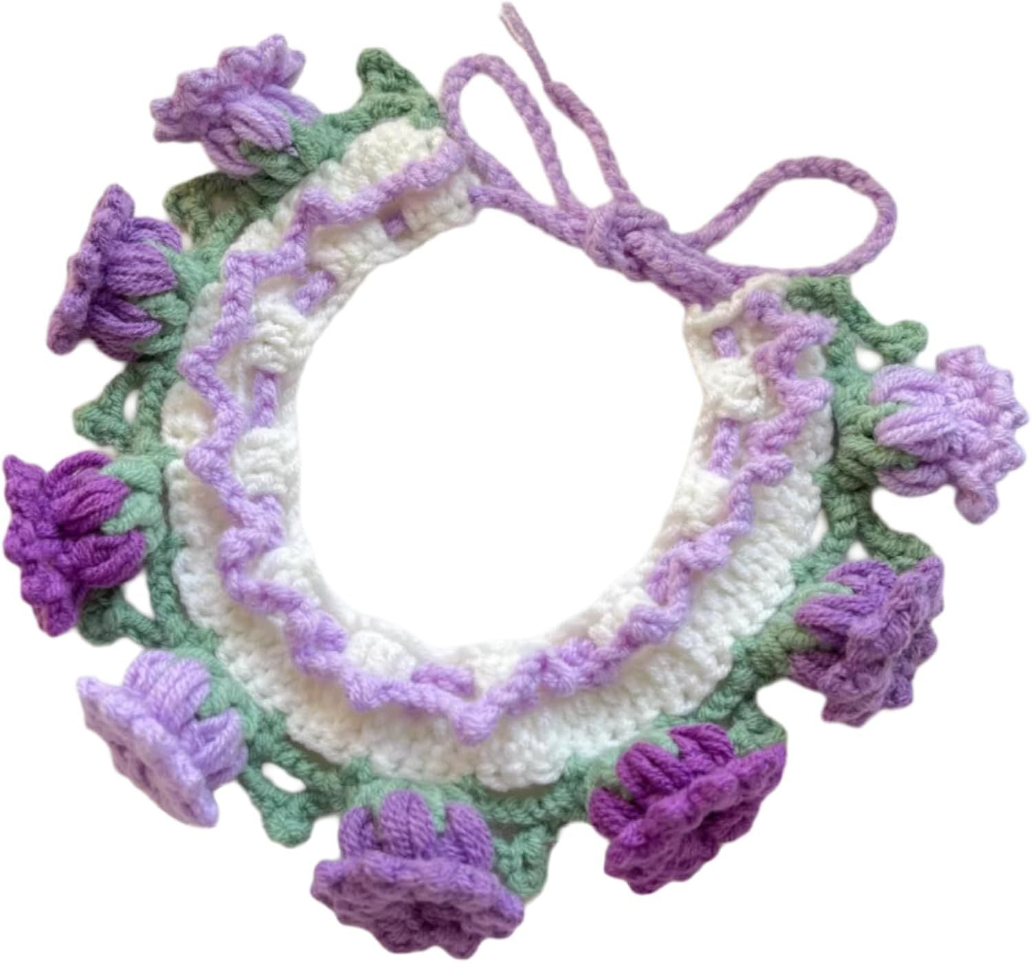 Cat Dog Bandana, Cute Handmade Knitted Yarn Flowers Pet Collar Neck Warmer for Small Medium Dog, Puppy Photo Accessories (Purple,M)