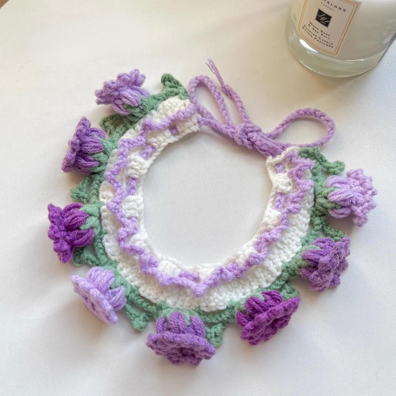 Cat Dog Bandana, Cute Handmade Knitted Yarn Flowers Pet Collar Neck Warmer for Small Medium Dog, Puppy Photo Accessories (Purple,M)