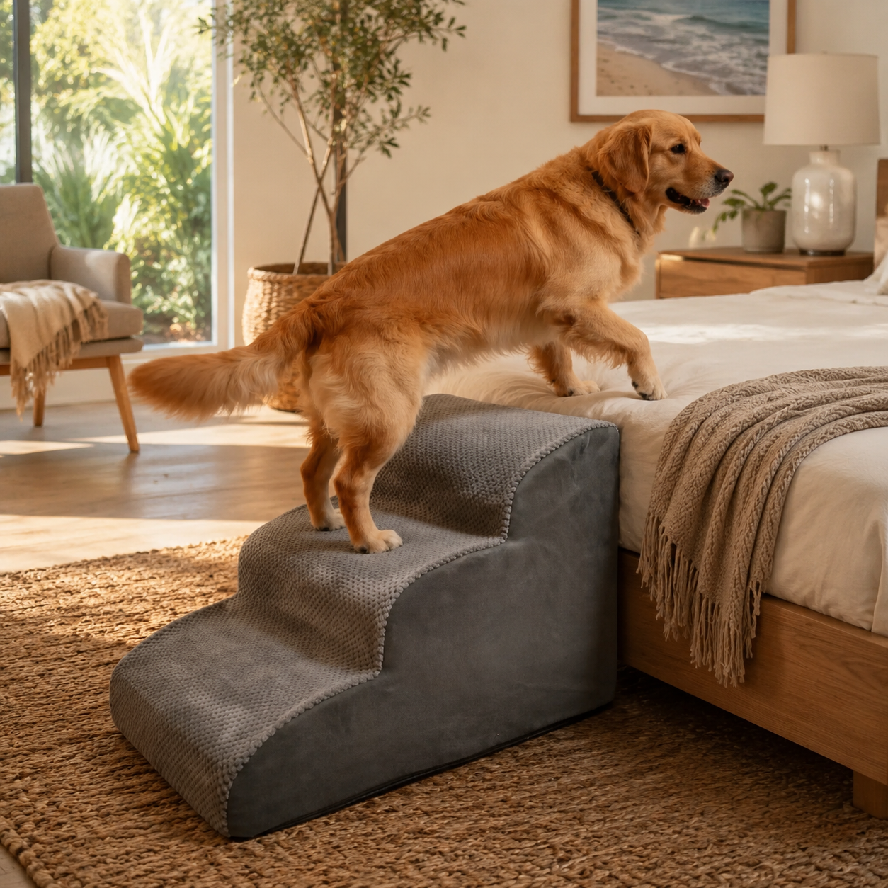 Orthopedic Foam Pet Stairs with Washable Cover – Safe 2, 3, & 4 Tier Dog Ramp for Bed & Couch Access, Gentle Slope for Puppies, Small Breeds, and Senior Pets Needing Joint Relief (Beige, 2Tier)