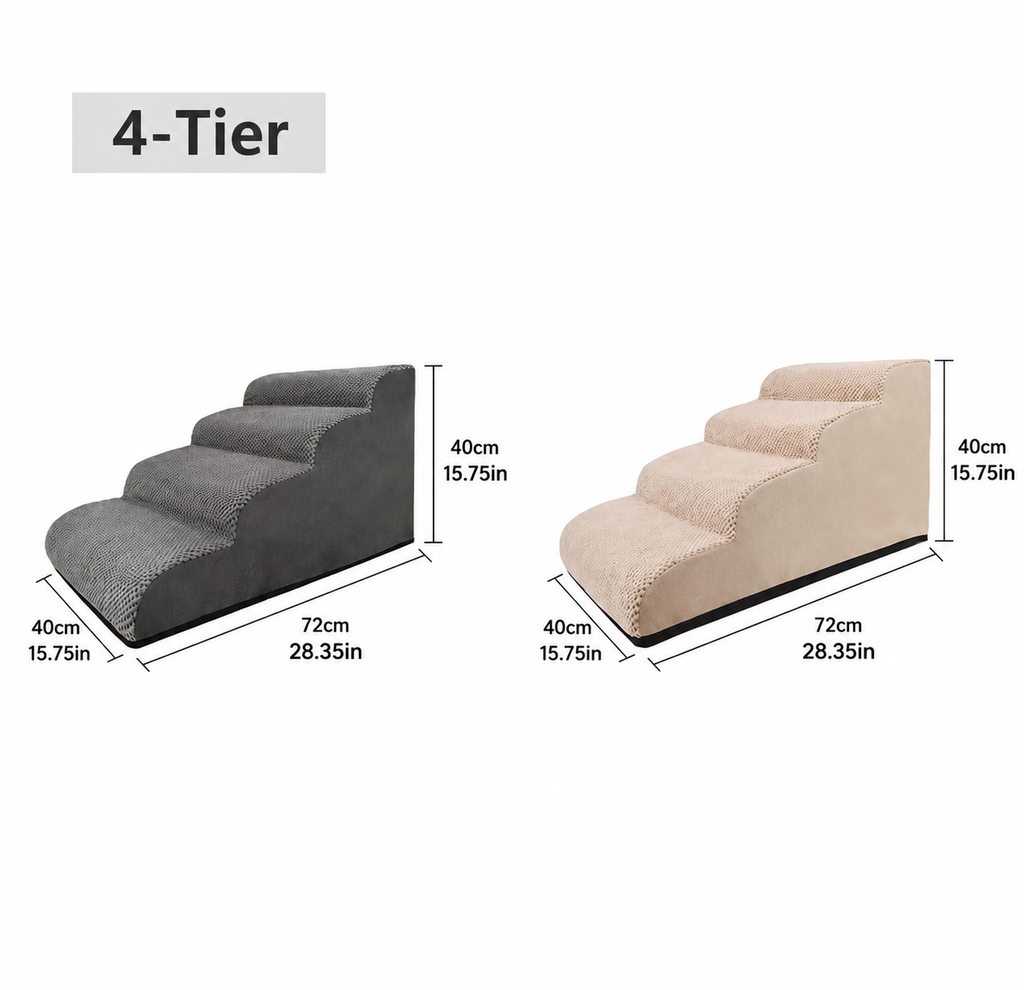 Orthopedic Foam Pet Stairs with Washable Cover – Safe 2, 3, & 4 Tier Dog Ramp for Bed & Couch Access, Gentle Slope for Puppies, Small Breeds, and Senior Pets Needing Joint Relief (Beige, 4Tier)