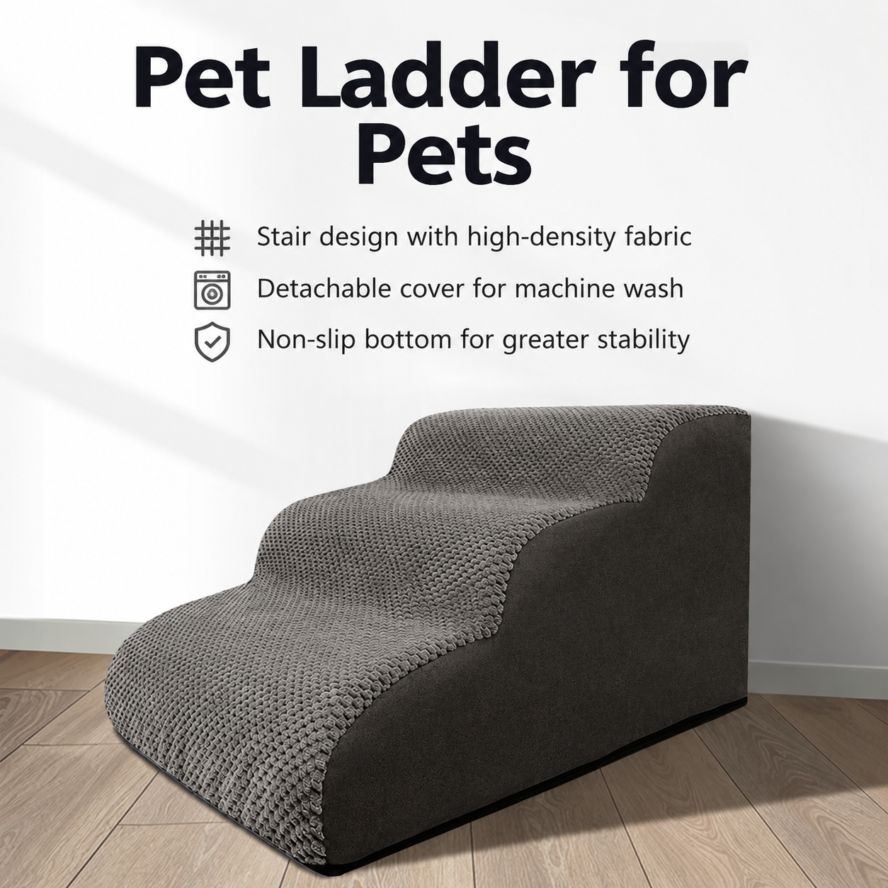 Orthopedic Foam Pet Stairs with Washable Cover – Safe 2, 3, & 4 Tier Dog Ramp for Bed & Couch Access, Gentle Slope for Puppies, Small Breeds, and Senior Pets Needing Joint Relief (Grey, 2Tier)