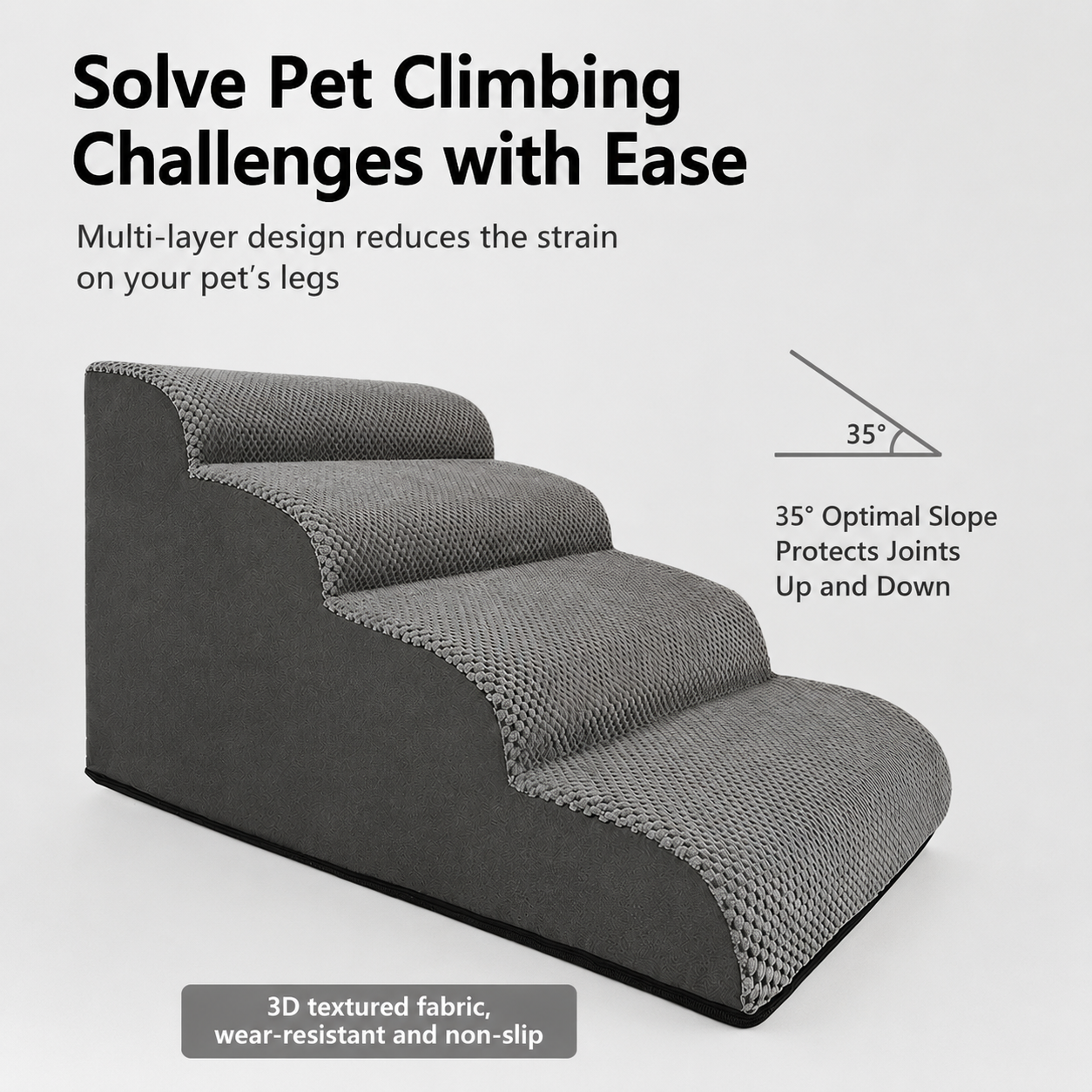 Orthopedic Foam Pet Stairs with Washable Cover – Safe 2, 3, & 4 Tier Dog Ramp for Bed & Couch Access, Gentle Slope for Puppies, Small Breeds, and Senior Pets Needing Joint Relief (Grey, 2Tier)