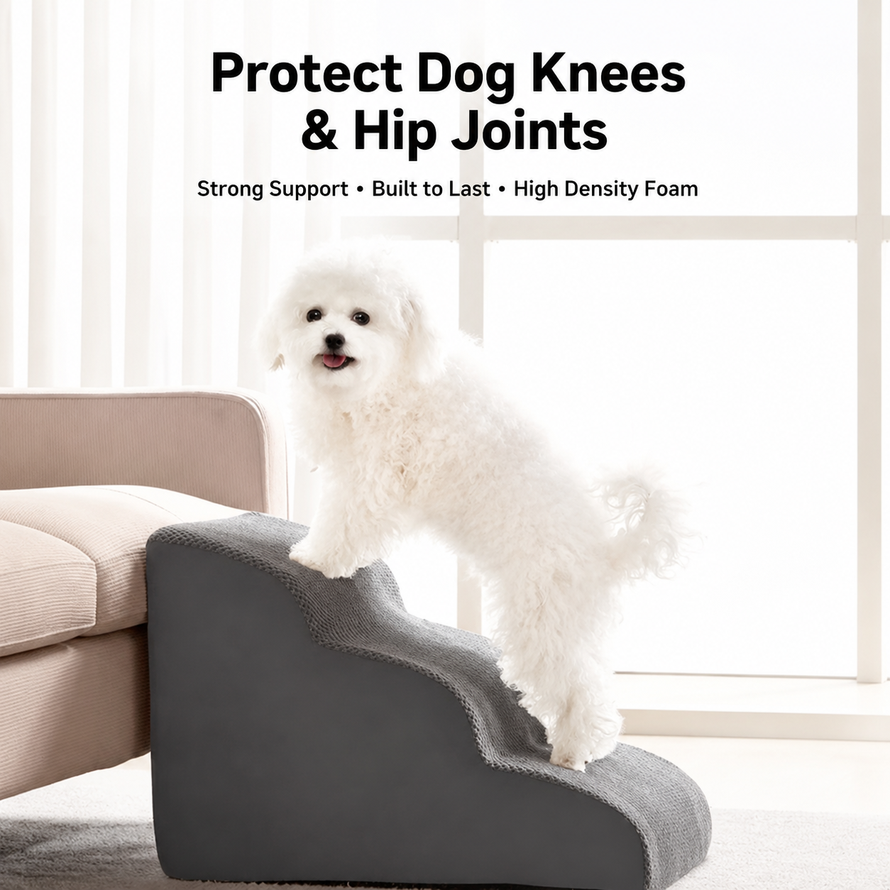 Orthopedic Foam Pet Stairs with Washable Cover – Safe 2, 3, & 4 Tier Dog Ramp for Bed & Couch Access, Gentle Slope for Puppies, Small Breeds, and Senior Pets Needing Joint Relief (Grey, 2Tier)