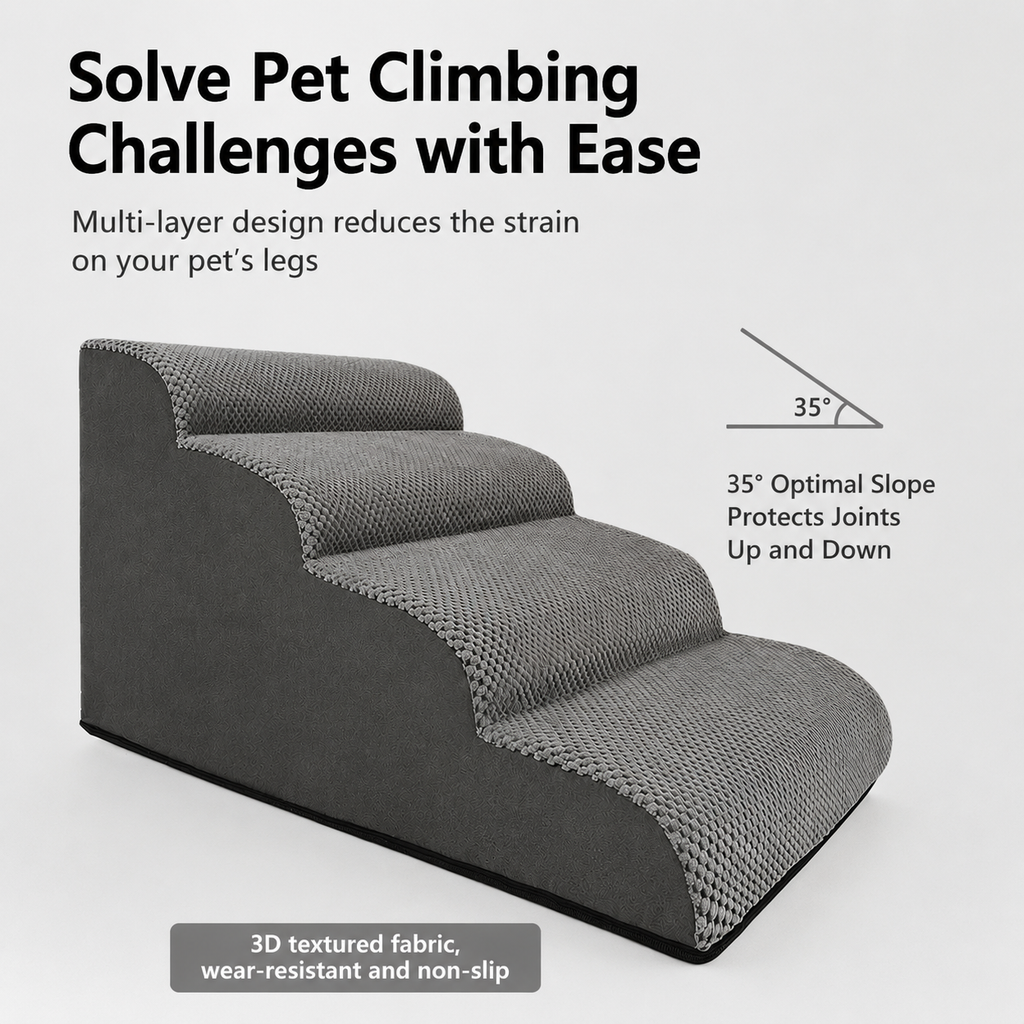 Orthopedic Foam Pet Stairs with Washable Cover – Safe 2, 3, & 4 Tier Dog Ramp for Bed & Couch Access, Gentle Slope for Puppies, Small Breeds, and Senior Pets Needing Joint Relief (Grey, 3Tier)
