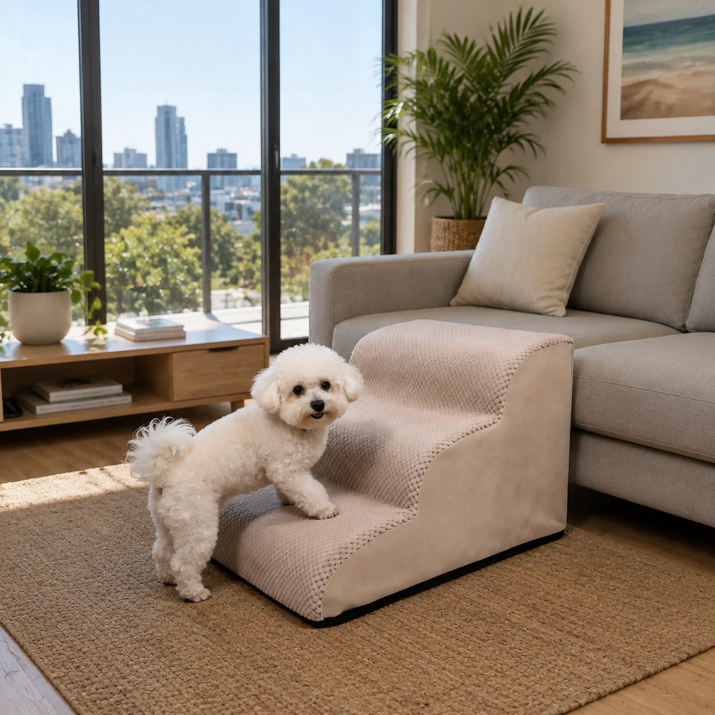 Orthopedic Foam Pet Stairs with Washable Cover – Safe 2, 3, & 4 Tier Dog Ramp for Bed & Couch Access, Gentle Slope for Puppies, Small Breeds, and Senior Pets Needing Joint Relief (Grey, 4Tier)