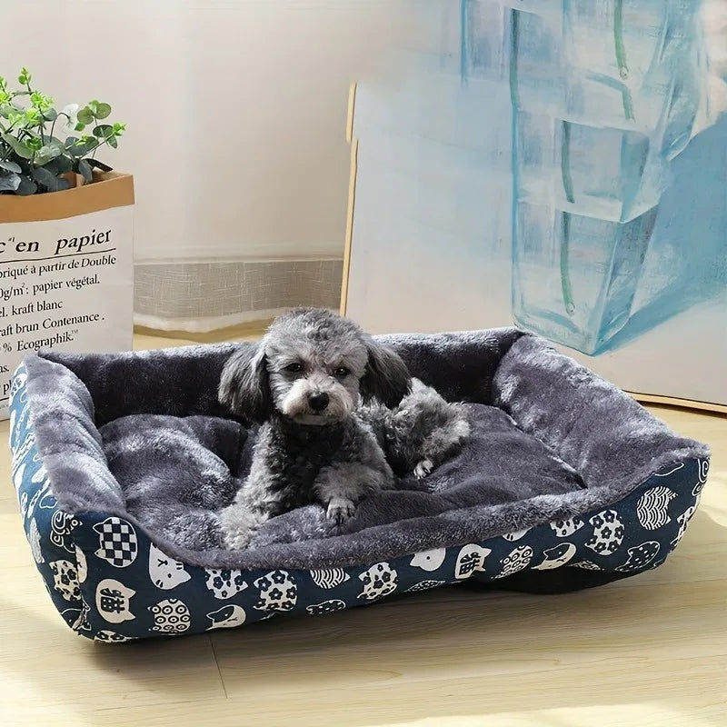 Small dog relaxing on blue calming sofa mat bed in a cosy home setting — washable, chemical-free pet bed. — Furry Heart Paws