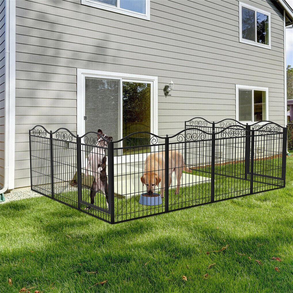 Black 16 panel dog playpen with two dogs in a backyard setting.
