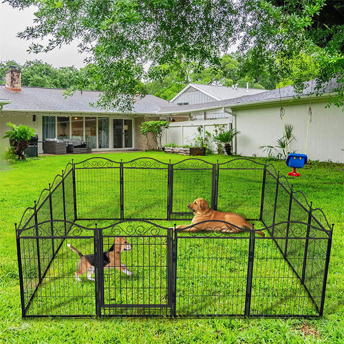 Two dogs in a black metal 16 panel dog playpen on a grassy yard with a house in the background.