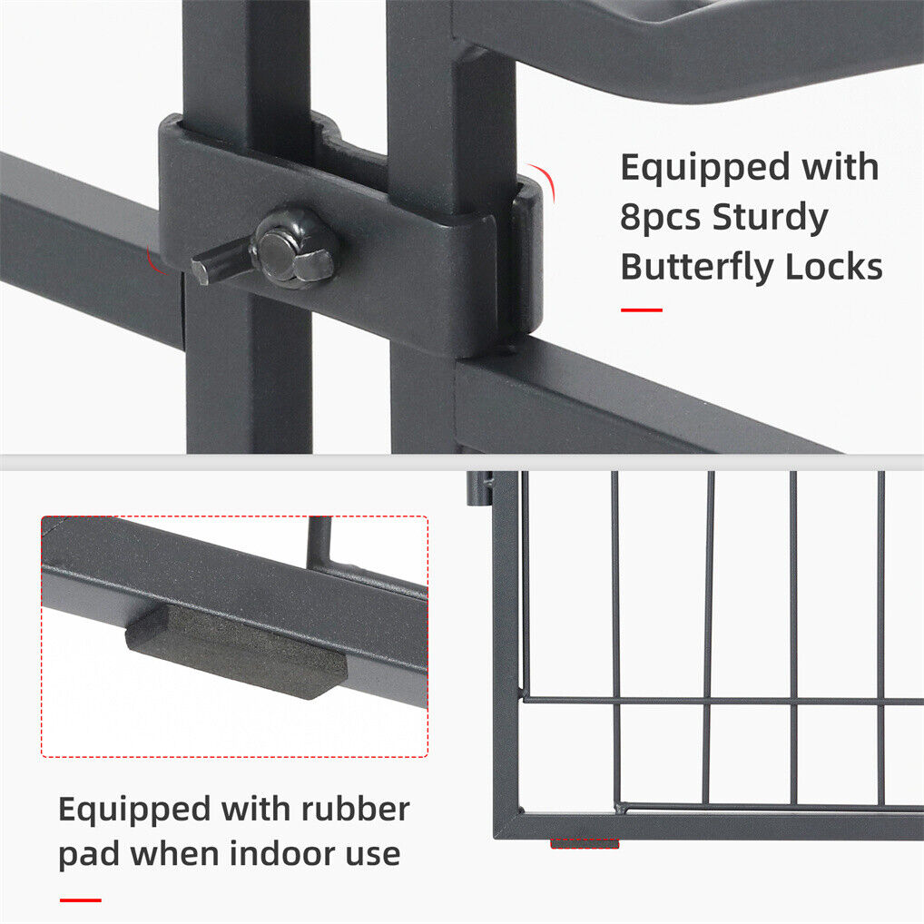 Close-up of the metal 16 panel dog playpen with butterfly locks and rubber pad details on a white background
