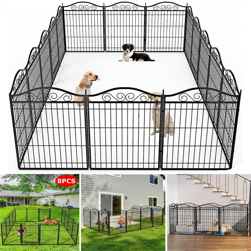 Black metal 16 panel dog playpen with decorative top, shown in various settings with pets.