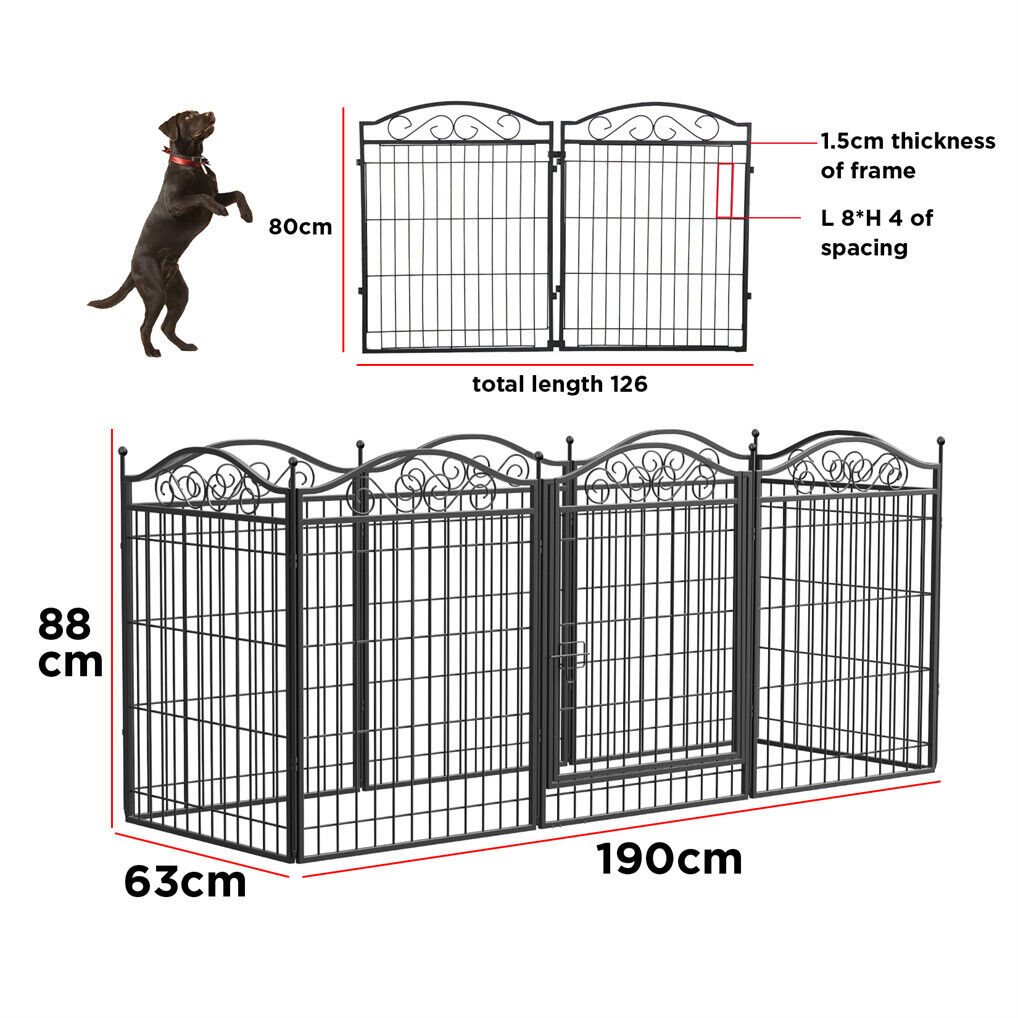Dimensions of a black metal 16 panel dog playpen with a dog for scale on a white background