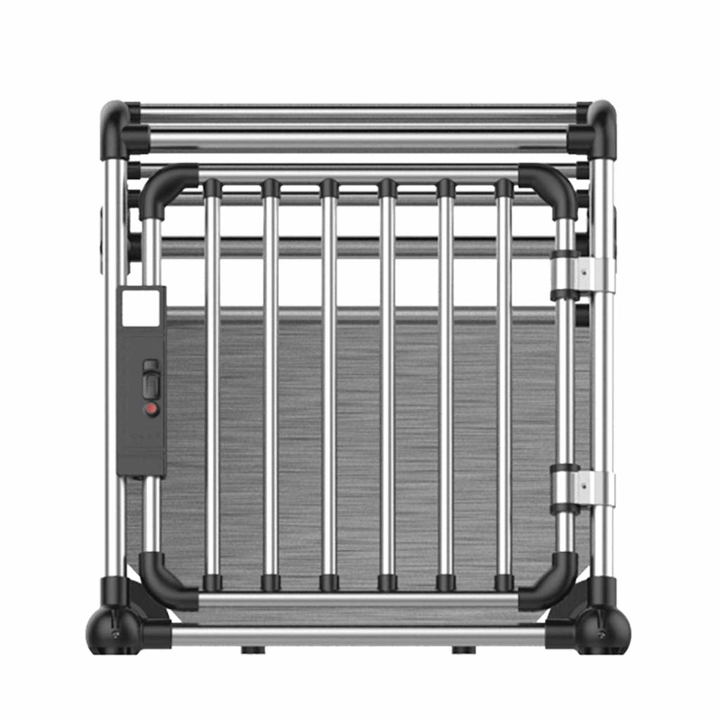All For Paws aluminium dog travel crate medium — side profile view showing snap-lock door and bar design. Furry Heart Paws