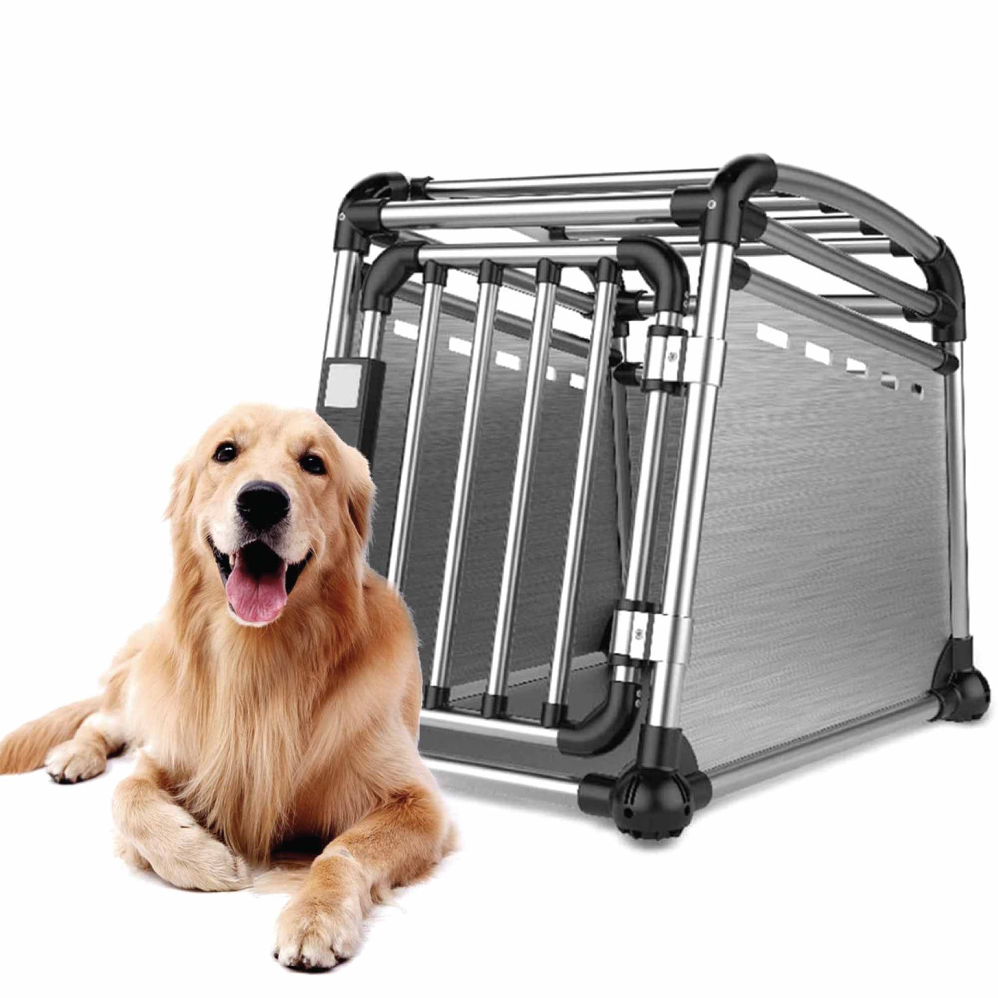 Dog lying next to an All For Paws Aluminium dog travel crate on a white background — Furry Heart Paws