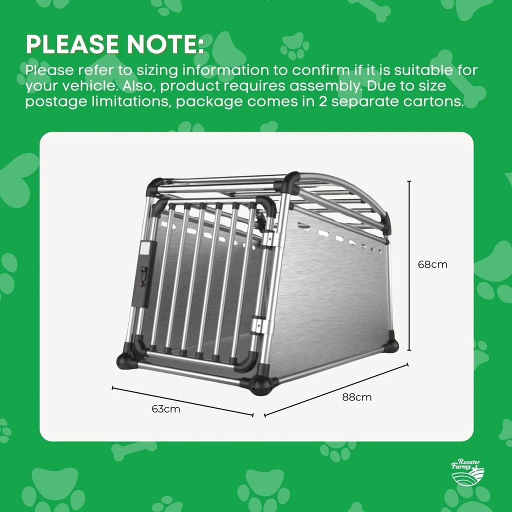 Pet crate with dimensions on a green background
