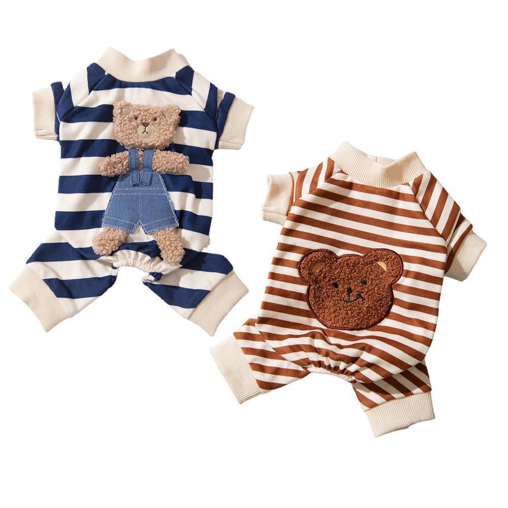 Cute Bear Striped Dog Home Clothes Cat Pet Outfit Cozy Animal Pajamas for Pets - Brown - M