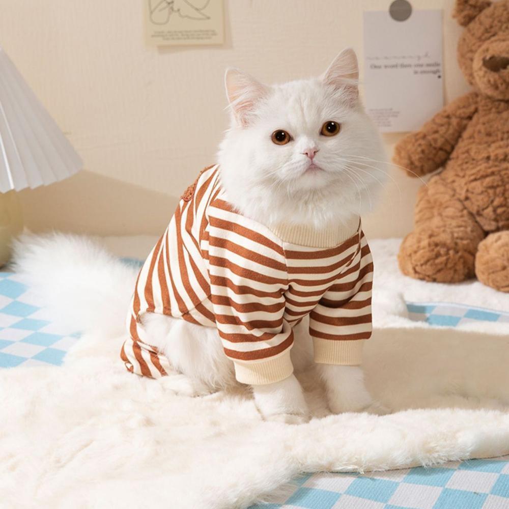 Cute Bear Striped Dog Home Clothes Cat Pet Outfit Cozy Animal Pajamas for Pets - Brown - M