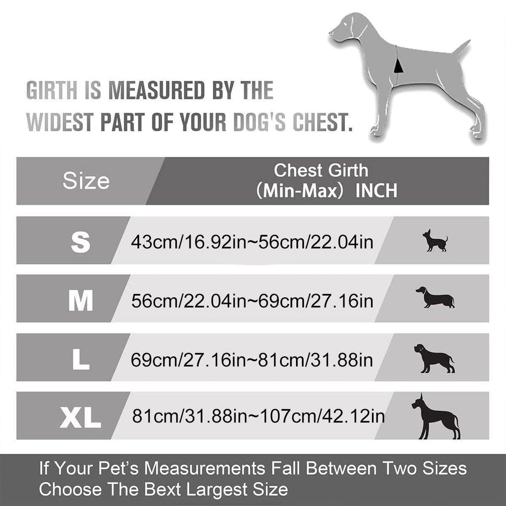 Dog size chart with measurements for chest girth. Furry Heart Paws