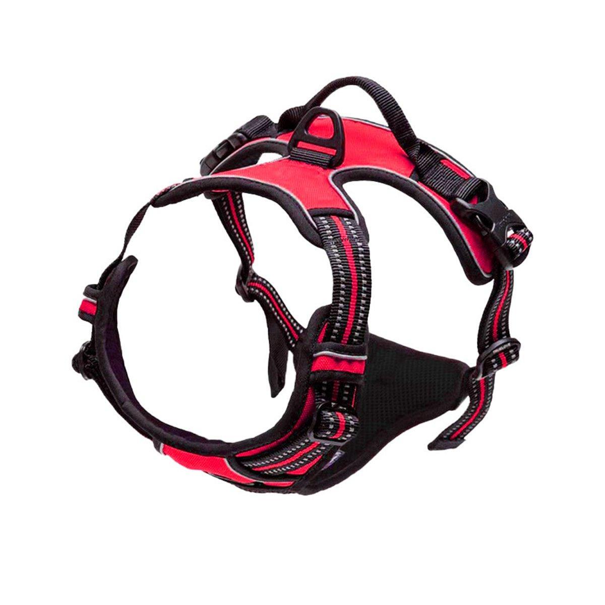 Red and black dog harness on a white background