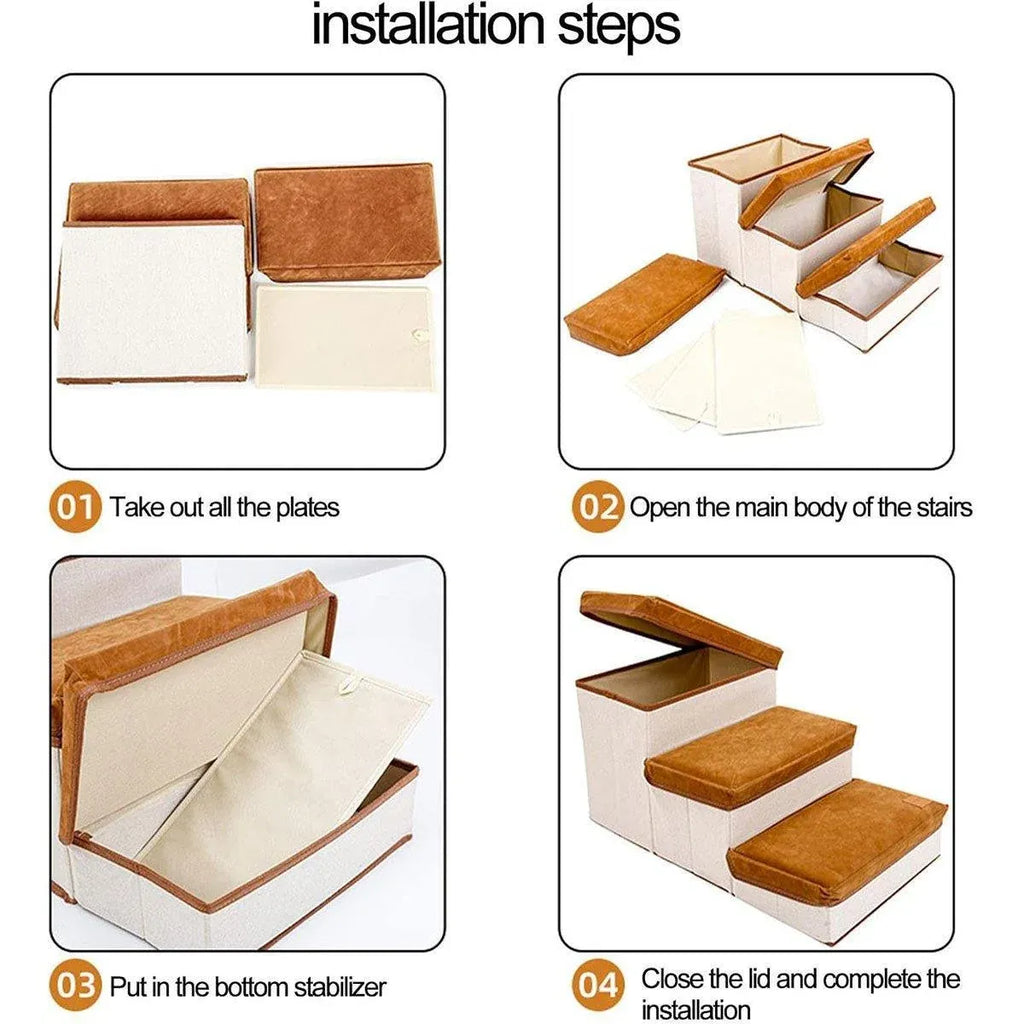 Foldable Pet Dog Stairs Puppy Step Ladder for Bed Sofa Portable Climbing Ramp - Brown