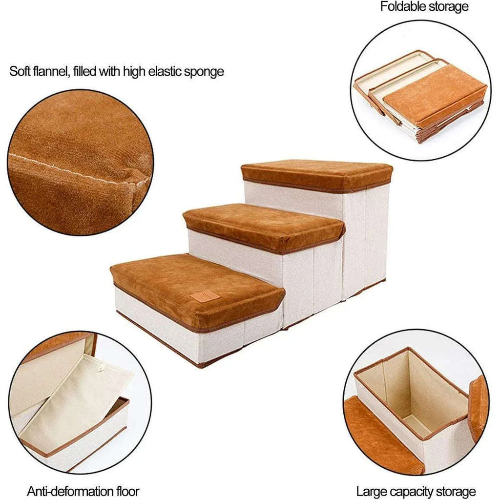 Foldable Pet Dog Stairs Puppy Step Ladder for Bed Sofa Portable Climbing Ramp - Brown