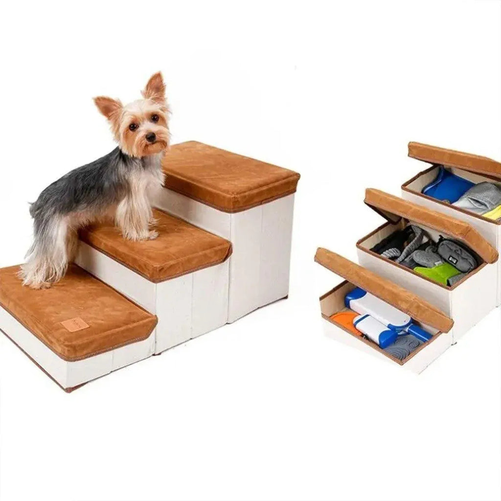 Foldable Pet Dog Stairs Puppy Step Ladder for Bed Sofa Portable Climbing Ramp - Brown