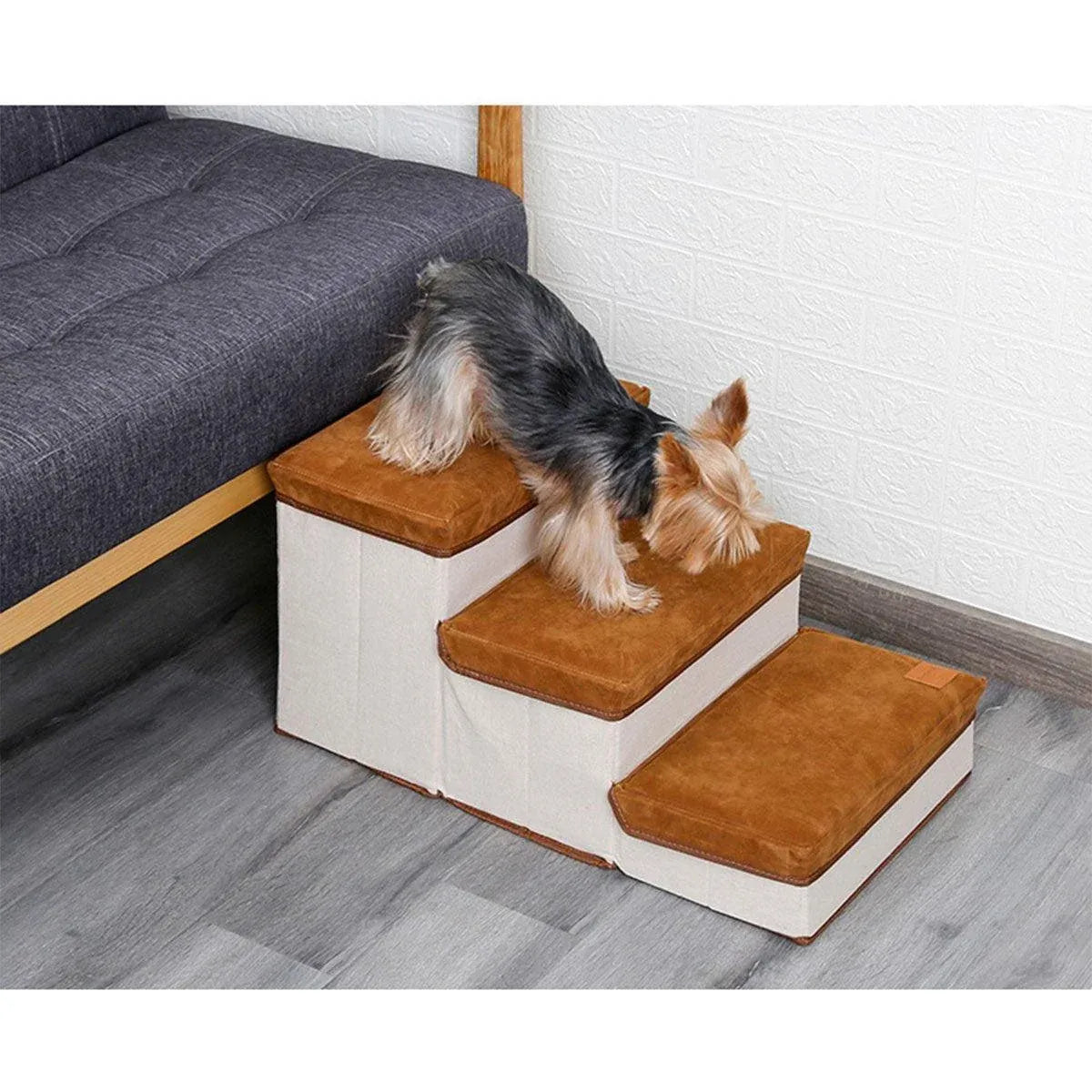 Foldable Pet Dog Stairs Puppy Step Ladder for Bed Sofa Portable Climbing Ramp - Brown