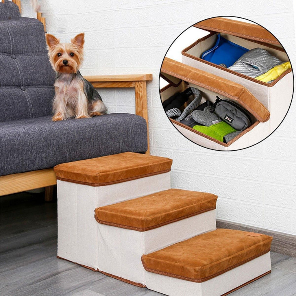 Foldable Pet Dog Stairs Puppy Step Ladder for Bed Sofa Portable Climbing Ramp - Brown