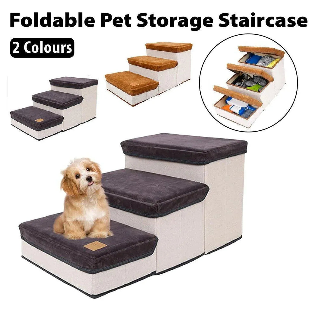 Foldable Pet Dog Stairs Puppy Step Ladder for Bed Sofa Portable Climbing Ramp - Brown