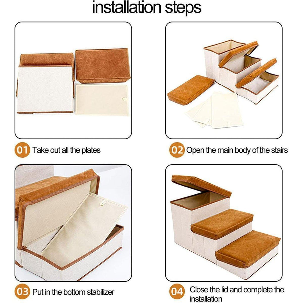 Foldable Pet Dog Stairs Puppy Step Ladder for Bed Sofa Portable Climbing Ramp - Brown