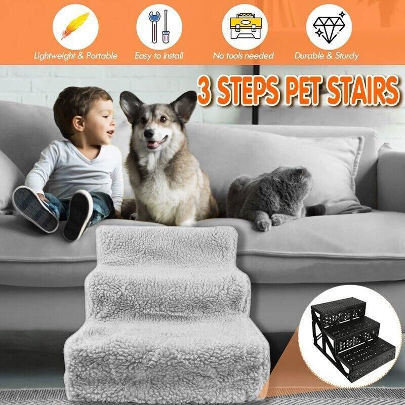 3 Steps Pet Stairs with Soft Cover for Small Dogs and Cats Portable Climbing Ramp