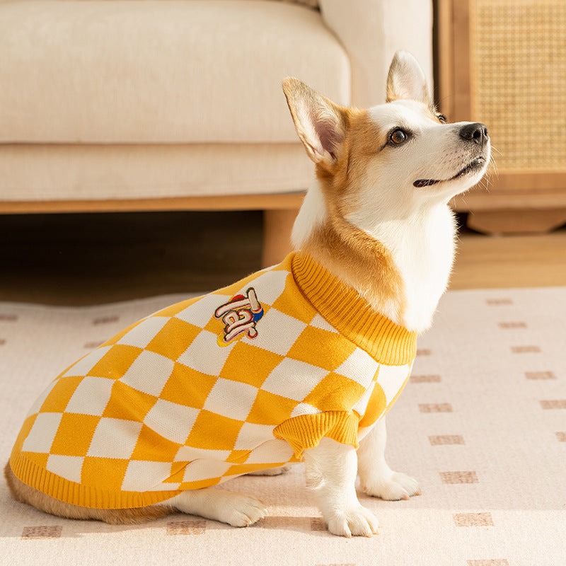Classic Argyle Dog Sweater - Yellow & White Knit for Corgis & Medium Breeds (Size : M)