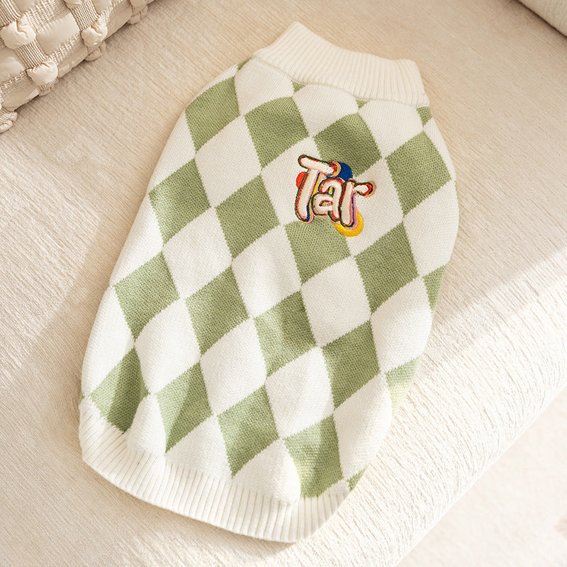 Classic Argyle Dog Sweater - Green & White Knit for Corgis & Medium Breeds (Size : S)