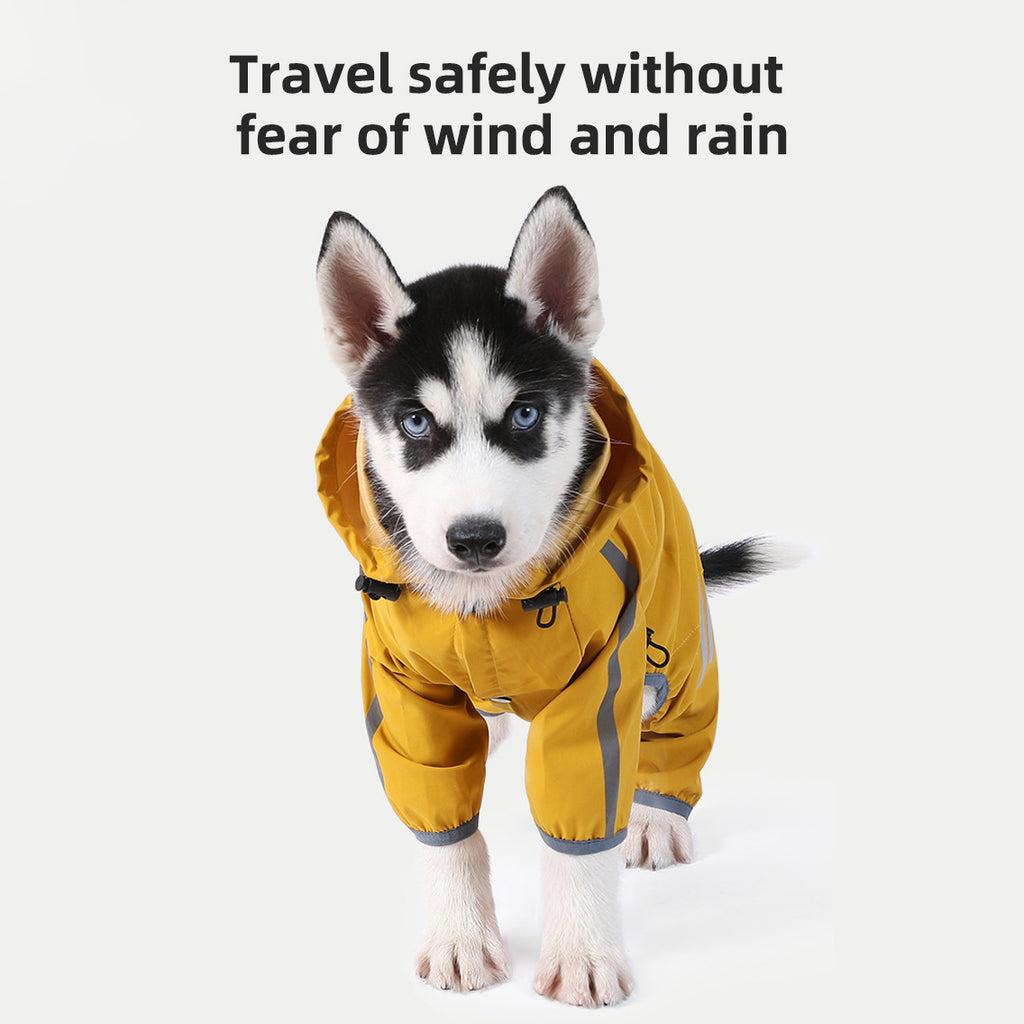 L Bright Yellow And Gray Trim Waterproof Four-Legged Dog Raincoat with Leash Hole for Small Breeds