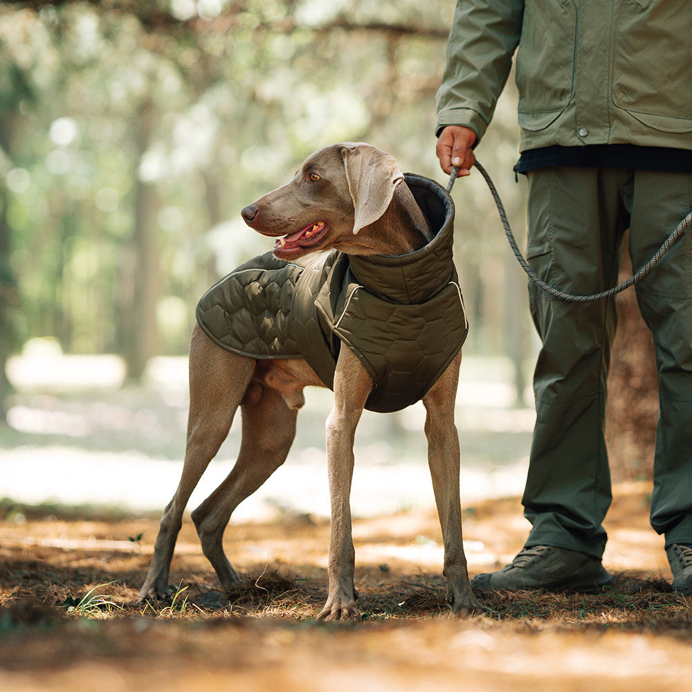 Size M Olive Green Warm Quilted Dog Winter Coat - Adjustable Fleece-Lined Puffer Vest with Reflective Trim & Leash Port
