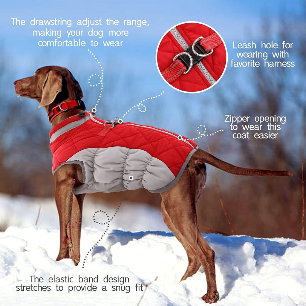 XL Red Grey Premium Winter Puffer Dog Coat - Windproof & Fleece-Lined Jacket for Cold Weather