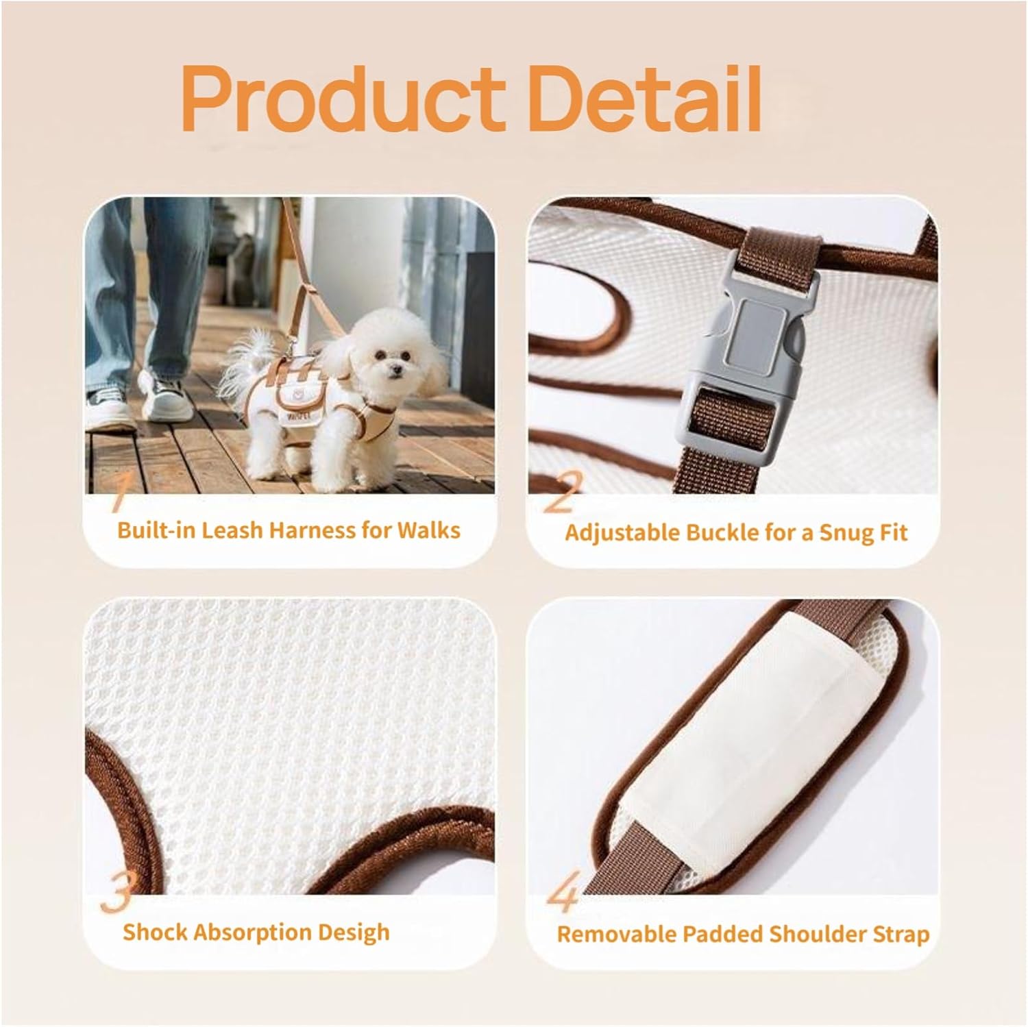 Product detail of a pet carrier with features like built-in leash harness, adjustable buckle, shock absorption design, and removable padded shoulder strap.