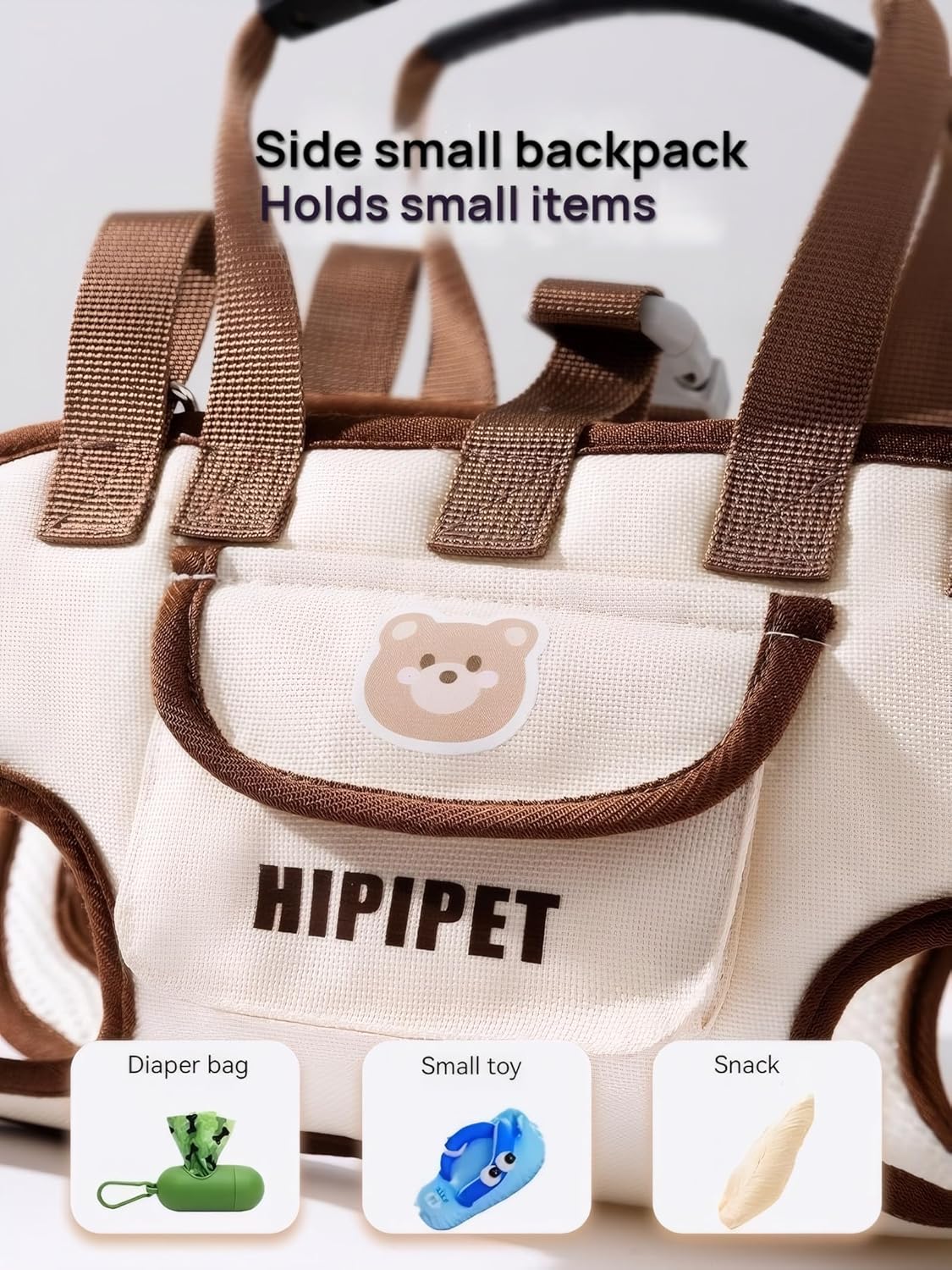 Beige backpack with brown straps and a bear logo, labeled 'HIPIPET', on a light gray background.