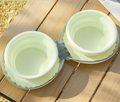 Light Yellow Portable Collapsible Double Pet Bowls for Dogs and Cats - 2x 450ml Food Grade Silicone Travel Feeder with Zippered Paw Carrying Case - Lightweight Outdoor Water and Food Bowl Set