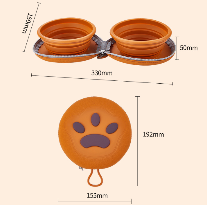 Brown-yellow Portable Collapsible Double Pet Bowls for Dogs and Cats - 2x 450ml Food Grade Silicone Travel Feeder with Zippered Paw Carrying Case - Lightweight Outdoor Water and Food Bowl Set