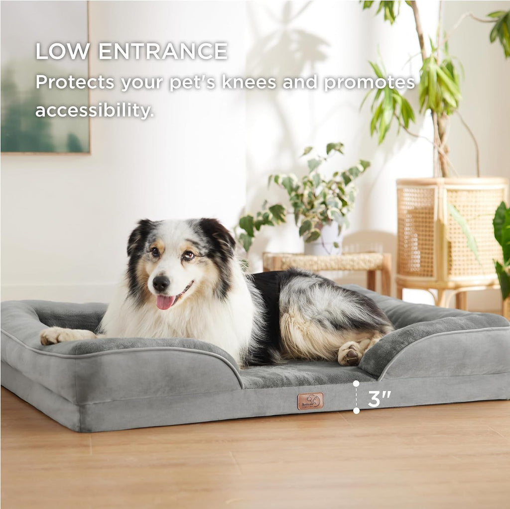 Grey Waterproof Egg-Crate Foam Therapeutic Pet Sofa Bed and Fleece Lounge (L Size 91 x 69 x 17 CM) - Low Entry, High Bolster Support & Zipper Removable Cover