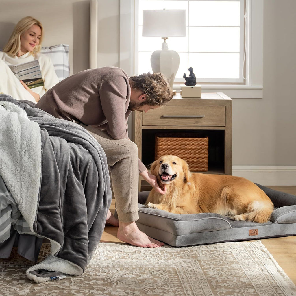 Grey Waterproof Egg-Crate Foam Therapeutic Pet Sofa Bed and Fleece Lounge (L Size 91 x 69 x 17 CM) - Low Entry, High Bolster Support & Zipper Removable Cover