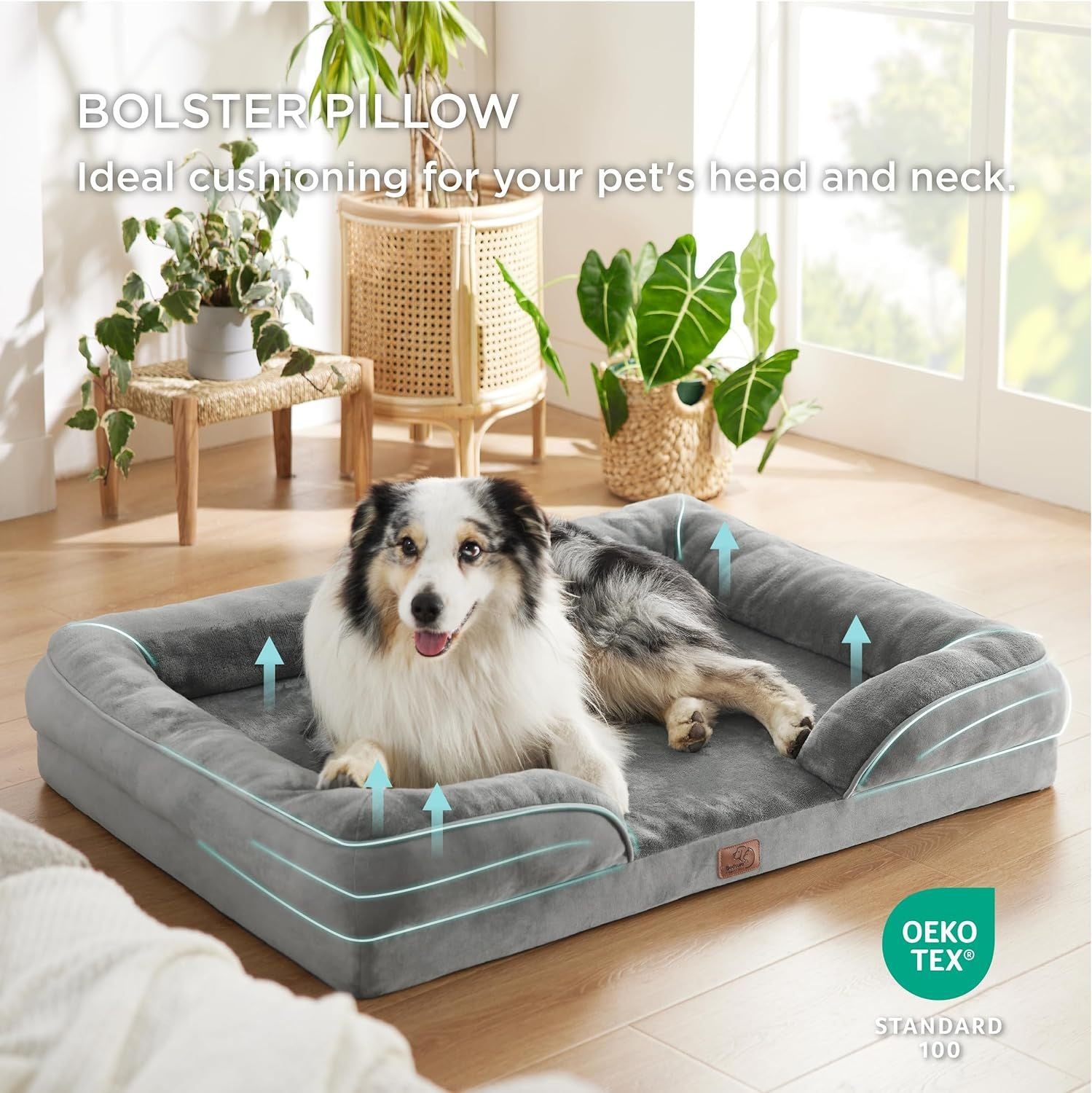 Beige Waterproof Egg-Crate Foam Therapeutic Pet Sofa Bed and Fleece Lounge (XL Size 110 x 82 x 17 CM) - Low Entry, High Bolster Support & Zipper Removable Cover
