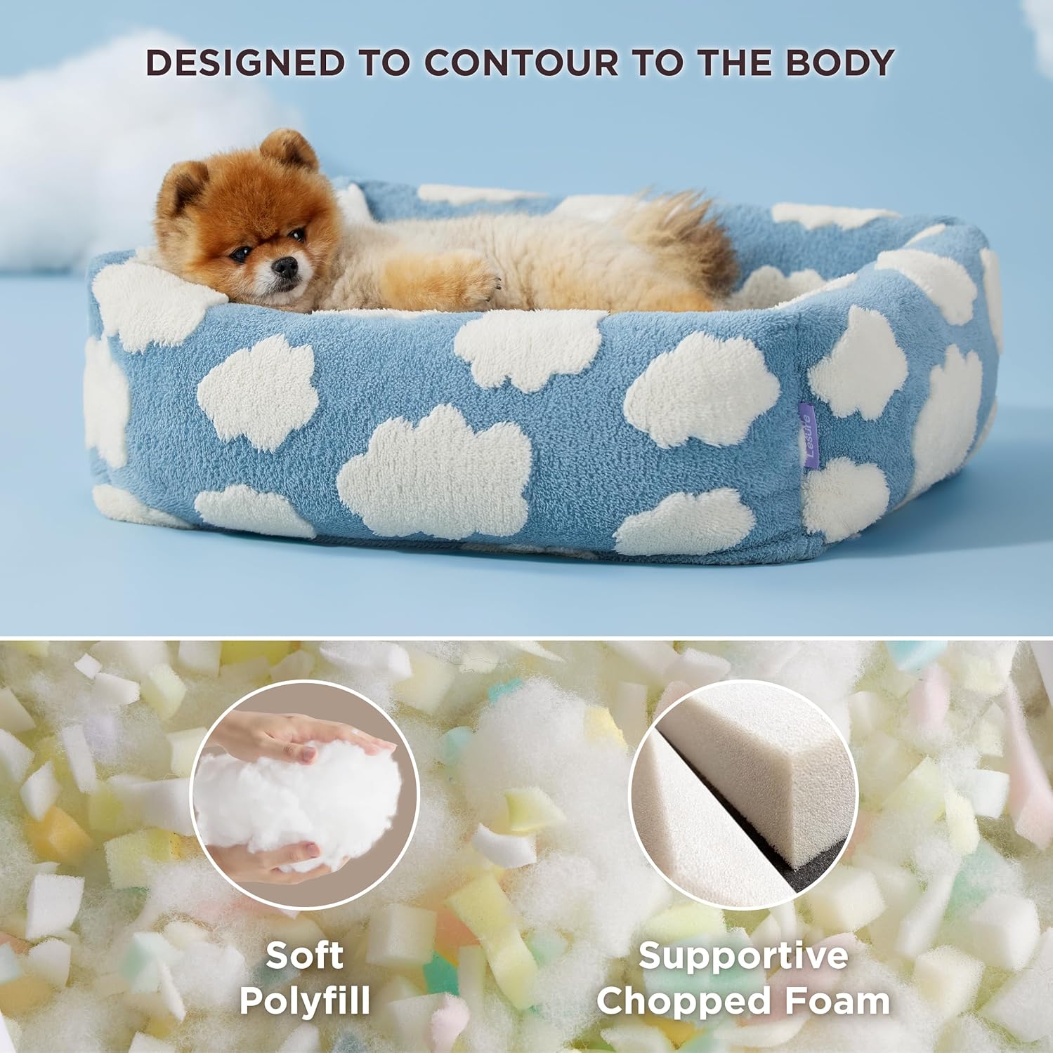 50x48x15 CM Cute Square Plush Pet Bed with Removable Cover & 5 Bolsters Support - Blue Sky and White Clouds Machine Washable Calming Dog & Cat Sofa
