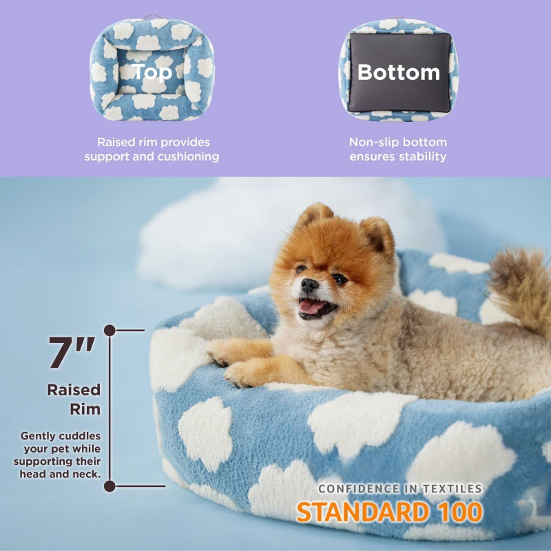 50x48x15 CM Cute Square Plush Pet Bed with Removable Cover & 5 Bolsters Support - Blue Sky and White Clouds Machine Washable Calming Dog & Cat Sofa